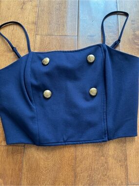 Eva Franco Navy Cropped Button-Front Tank